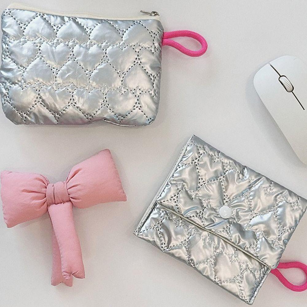 Zipper Button Sanitary Mat Bag Love Bow Credit Card Holder Simple Makeup Organizer for Woman Girls