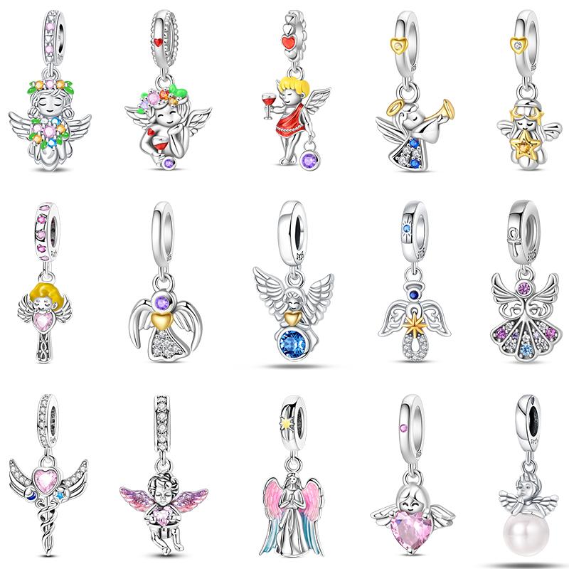 925 Silver Guardian Angel Charms Beads Angel Wings Drunk Angel DIY Bracelet Jewelry Gift for Birthday Lucky