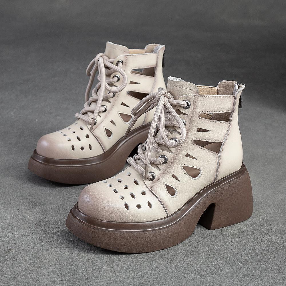 Johnature Retro Genuine Leather Thick Sole Lace-up Roman Sandals 2023 Summer New Round Toe Hollowed Out Thick Heeled Women Shoes