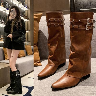 Fashion Luxury Designer Winter Women Western Cowboy Boots Fashion Ladies Elegant Knight Long Boots Square Heel Women's Shoes