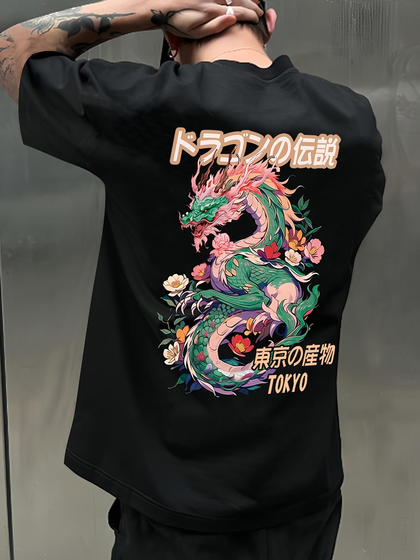 

Men s Dragon Graphic Tee - Casual & Loose Dark Academia Short Sleeve T-Shirt Oversized Baggy Tops T-Shirt Black L чёрный
