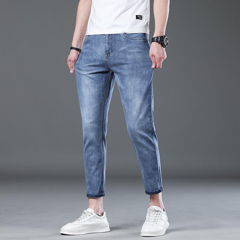 

Men s Nine-point Jeans Summer Thin Trendy Brand Slim Straight-leg Pants Korean Style Trendy Stretch Jeans Men s Nine-point Pants 28 синий