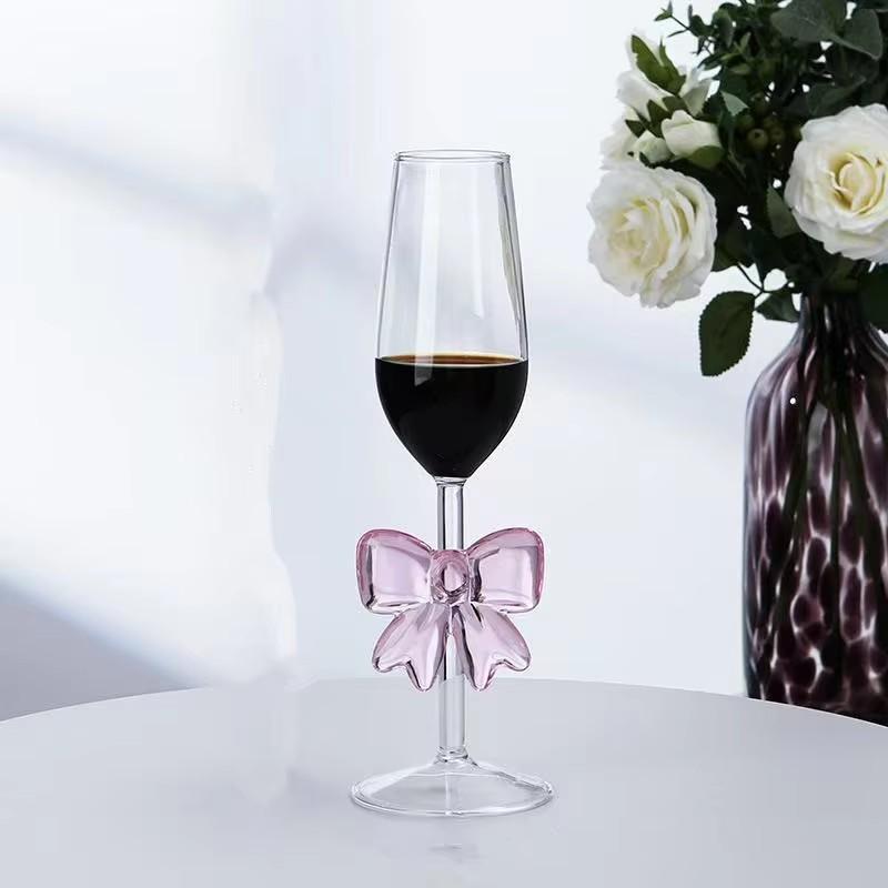 Pink Bow Glass Mug Decor Glass Cup Goblet Bow Handle Glasses Wine Cocktail Glass Dessert Ice Cream Bowl Drinking Glass