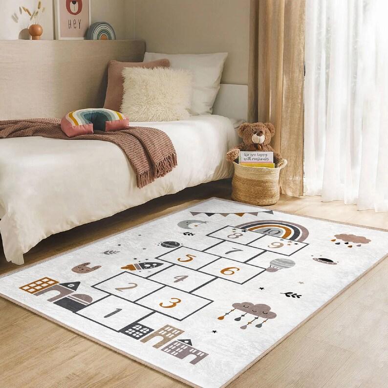 Boho Nordic Kids Room Rug Hopscotch Educational Playroom Carpet Activity Floor Mat for Nursery Game Learning Neutral Design Rug