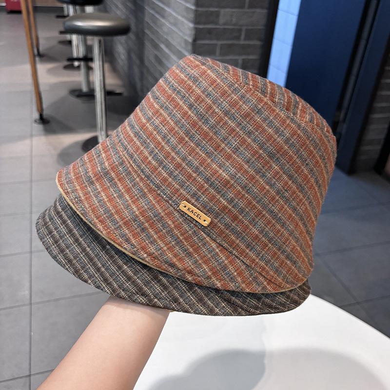 New retro plaid bucket hat autumn and winter face small fashion versatile basin hat British style sunshade sunscreen hat