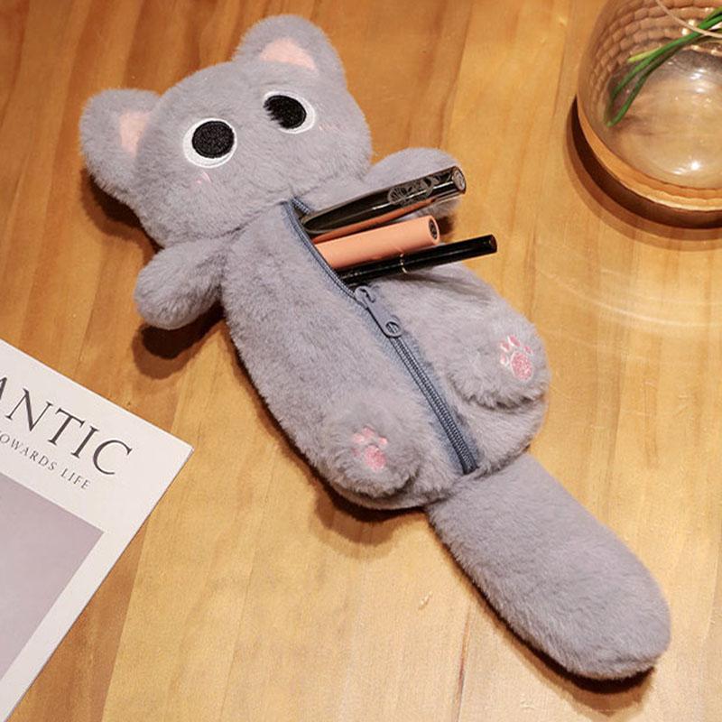 Peluche Gato Siamés Estuche para Lápices Animal de Peluche Gran Capacidad Bolsa de Papelería Diseño Lindo Dibujo Animado Muñeco Gato Bolsa para Lápices Aprendizaje