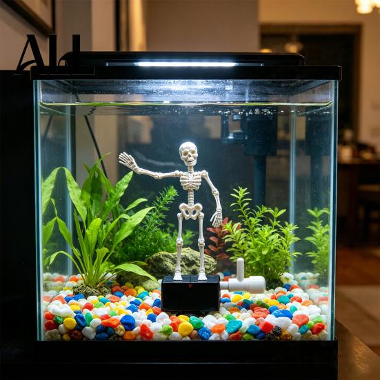 Freshwater Aquarium Landscaping Halloween Dancing Skeleton, Bubble Driven Moving Joints Skeleton Decorations Ornament, Realistic Swing Skull