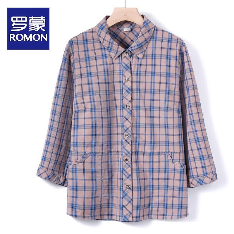 ROMON Women s Elderly Summer Plaid Cotton Mid-Sleeve Shirt 2XL