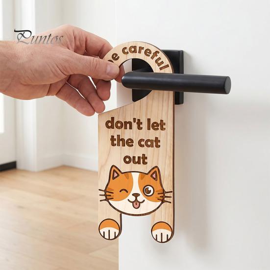 Cat Cafe Decorative Hanger Warning Door Handle Sign, Wooden Cartoon Hanging Reminder, Pet Room Entrance Safety Knob Hanger, for Bedroom And