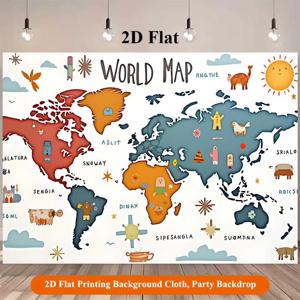 1 piece of 2D Flat background fabric background fabric showing the landscapes of various continents for map display 100x150cm