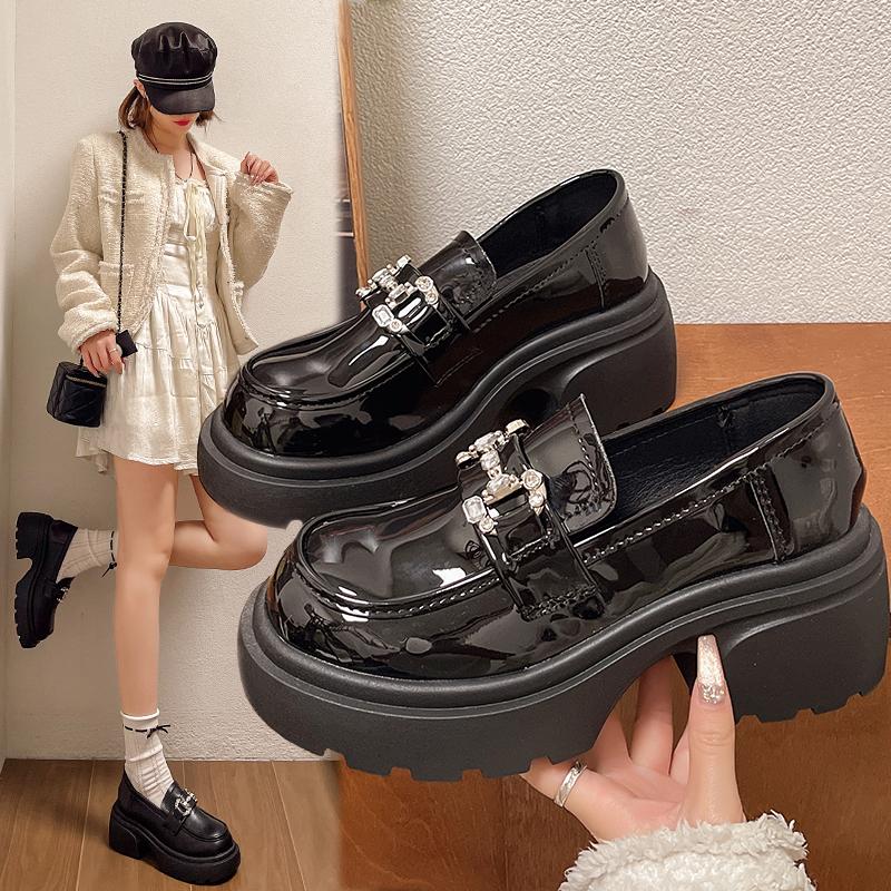 Fashion Women's Oxford Shoes Autumn Leather Slip on Round Toe Shoes Woman Solid Bright Diamond Platform Flats Casual Shoes