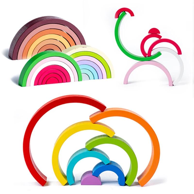Latest Children Montessori Arch Bridge Rainbow Building Blocks Wooden Playthings Infant Early Education Color Cognitive Blocks Toy