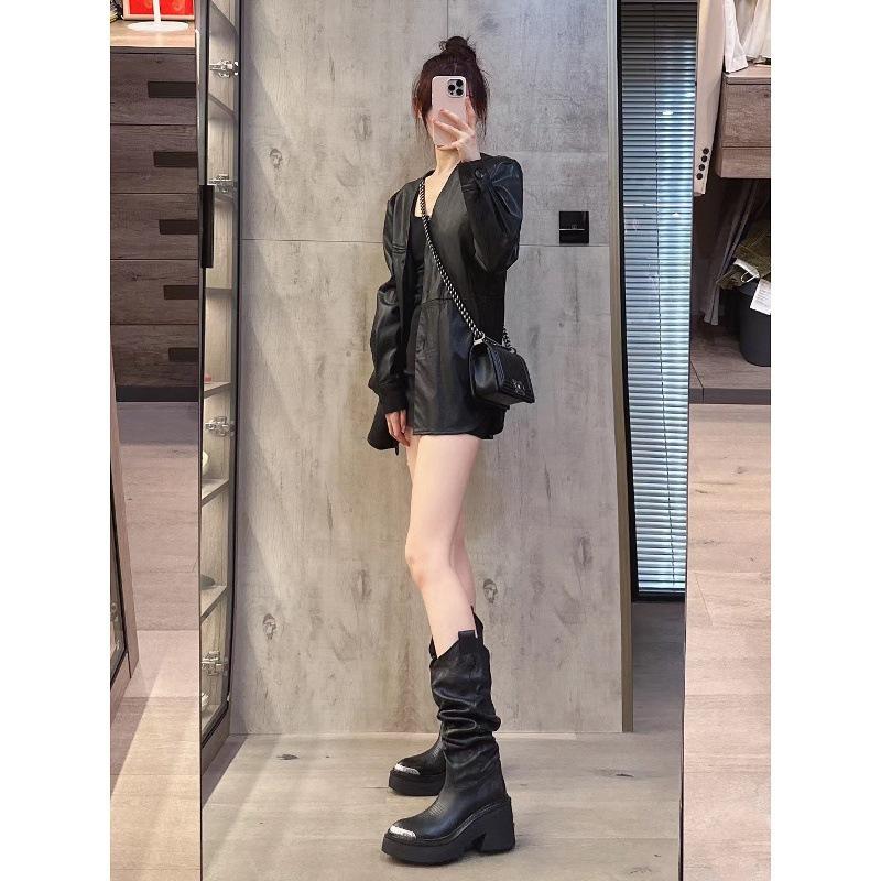 Cowhide Lisa same pointed boots pleated stacking boots women's metal medium tube Martin boots thick sole heightening knight boots