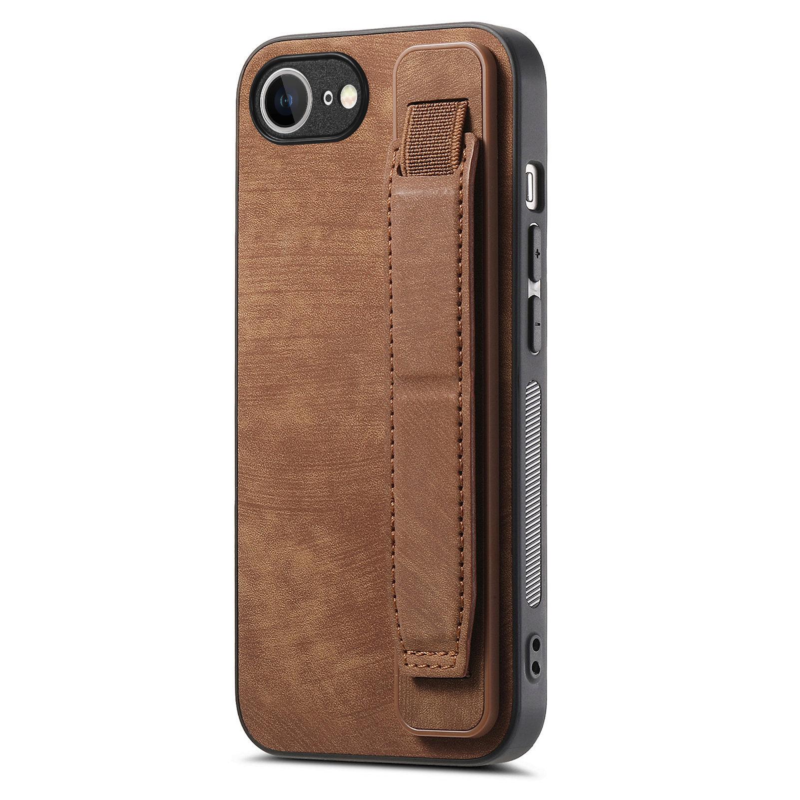 

For iPhone 16e Case with Wristband Kickstand Leather+TPU Phone Cover Brown