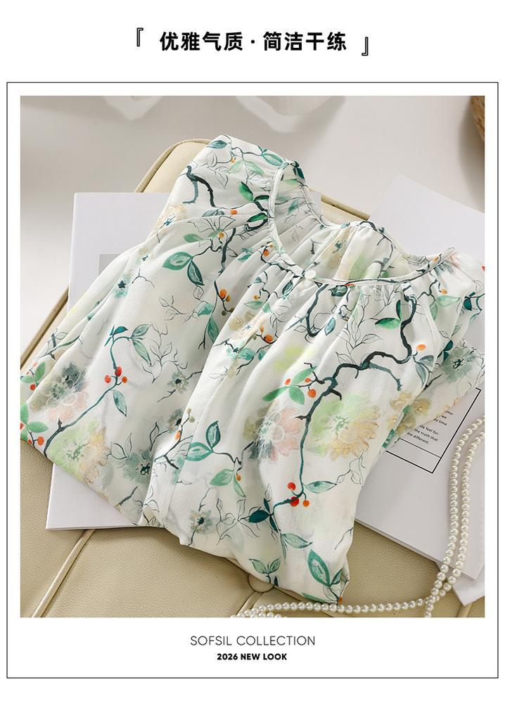 100% mulberry silk printed shirt for women's 2026 spring fashion versatile round neck silk top