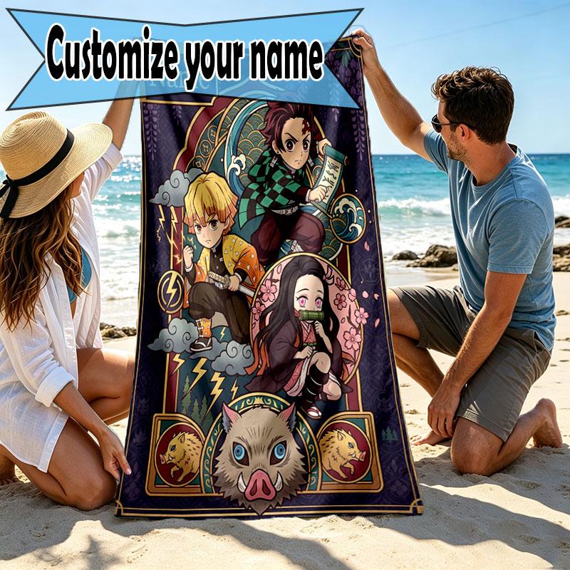 Serviette de plage personnalisée avec nom et motif Demon Slayer, pour Voyage Camping Fête à la plage Décoration de maison, Cadeau d'anniversaire pour la Famille & les Amis