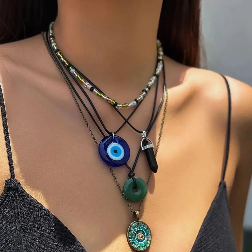 5 Stück Ethnischer Friedensschnallen Blauer Türkischer Glücksaugen Anhänger Choker Halskette für Frauen Vintage Stein Leder Wachsfaden Kette Schmuck