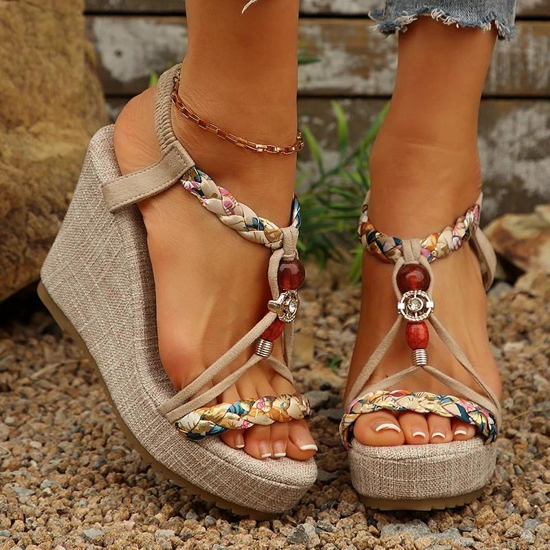 Fashion Bohemian Style Women's Wedge Sandals Beaded Decor Chunky Platform Sandals for Women Summer 2025 Printed Weaving Beach Sandalias