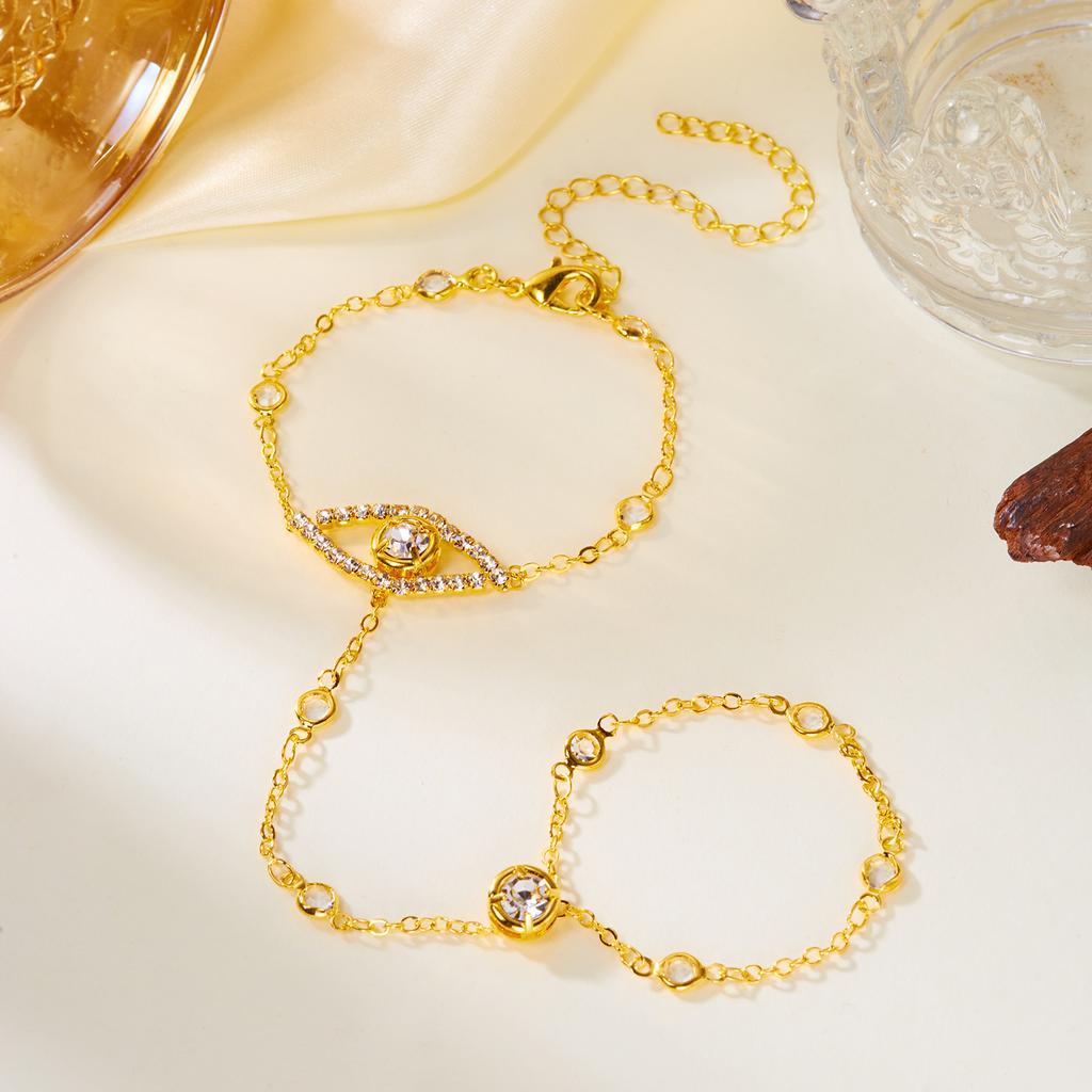 French Vintage Eye Copper Zirconia Finger Chain Women'S Elegant Design Ring Bracelet Luxury Fashion Hand Jewelry Gift