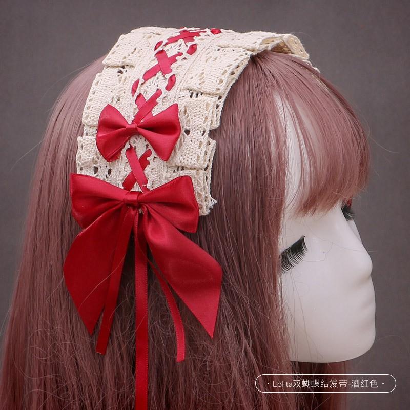 Handmade Sweet Lolita Hair Accessory Set - Lace Bow Clip Headband Tea Party Style