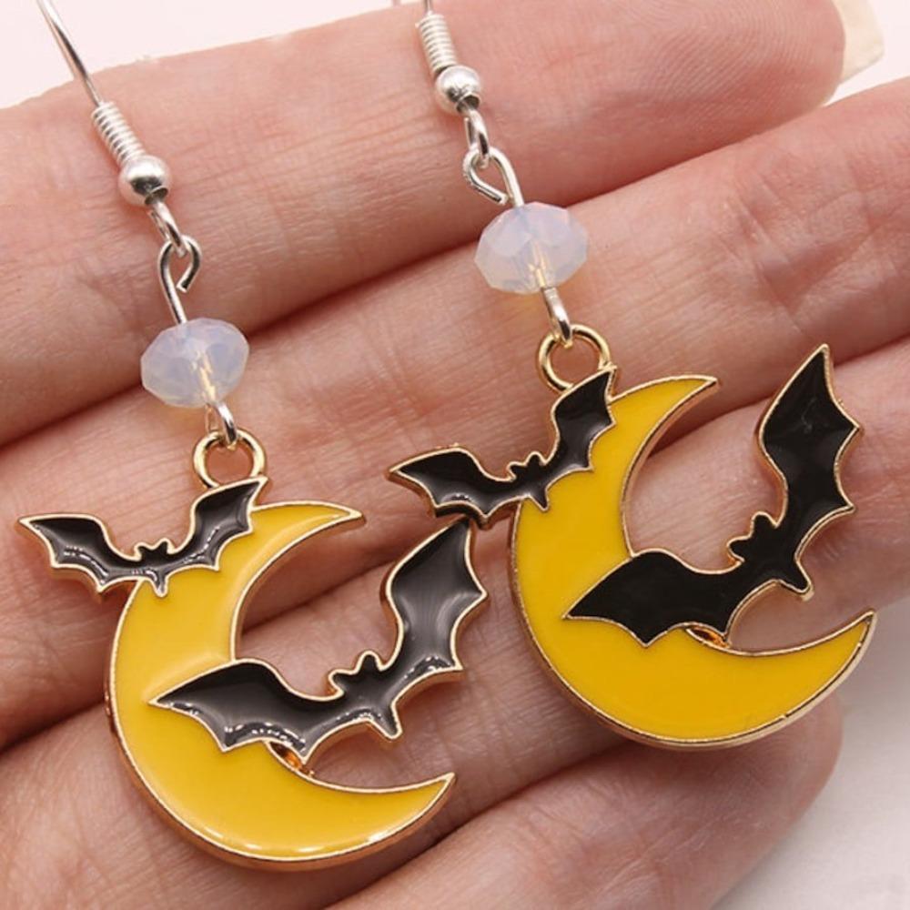 Creative Gothic Yellow Drip Glaze Crescent Moon Black Vampire Bat Dangle Earrings for Women Halloween Party Cute Jewelry Gifts