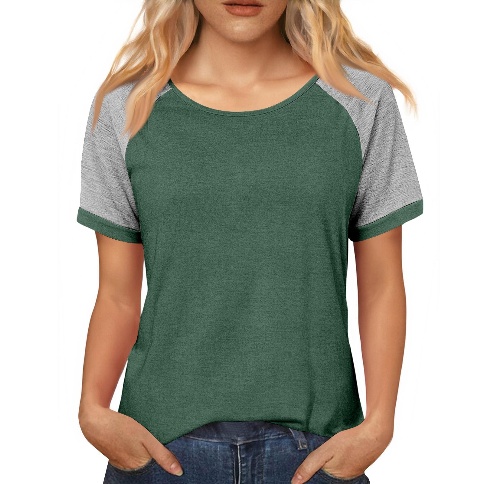 

Women s Casual Loose Contrast Color Stitching Round Neck Short Sleeve Top XXL зелений
