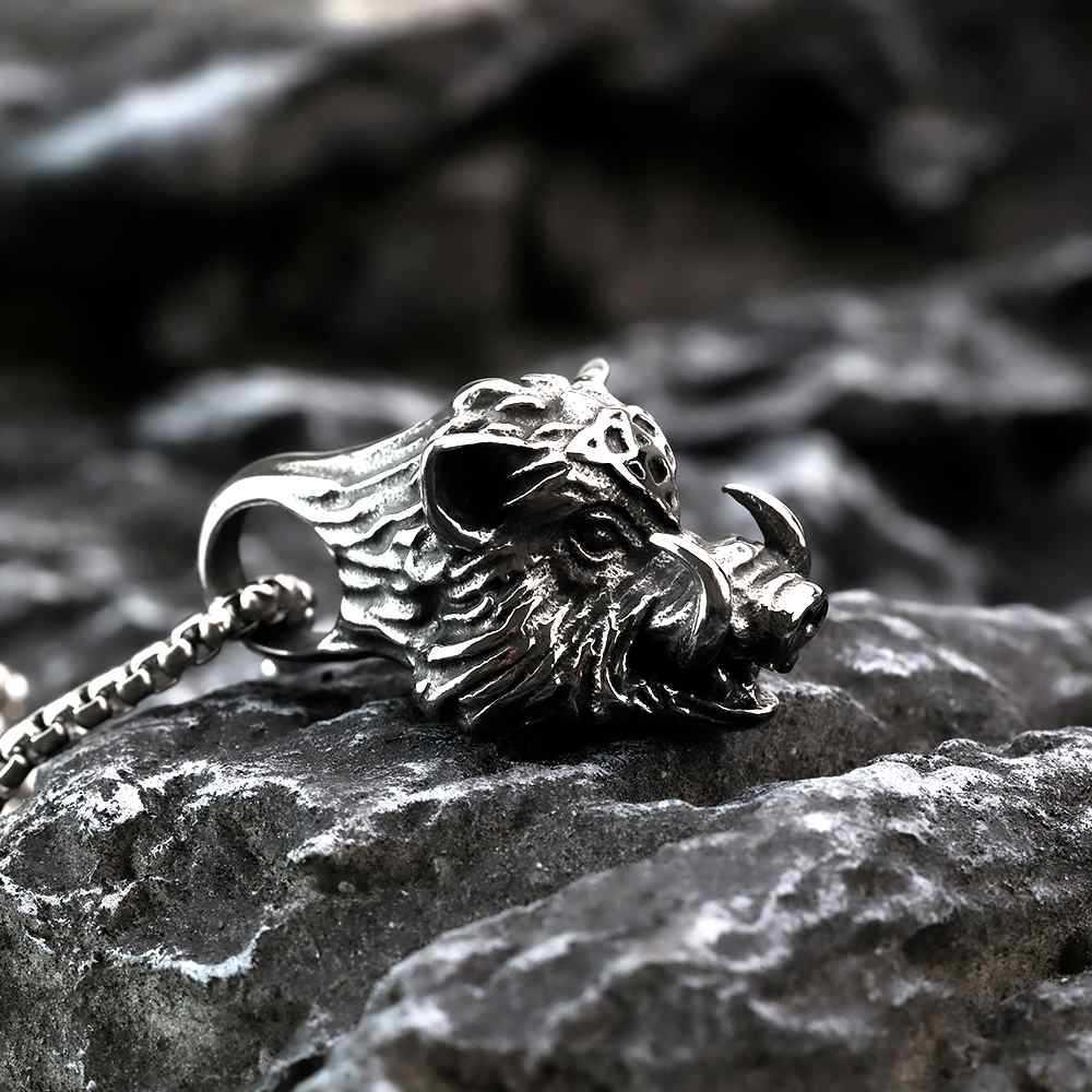 Stainless Steel Wild Boar Head Pendant Necklace - Punk Rock, Cool, Retro Design.