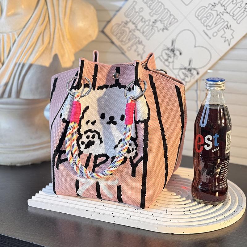 Cute Cartoon Knitted Bucket Bag For Women Girls  Versatile Large Capacity Portable Handbag Tote Small Square Bag Gift
