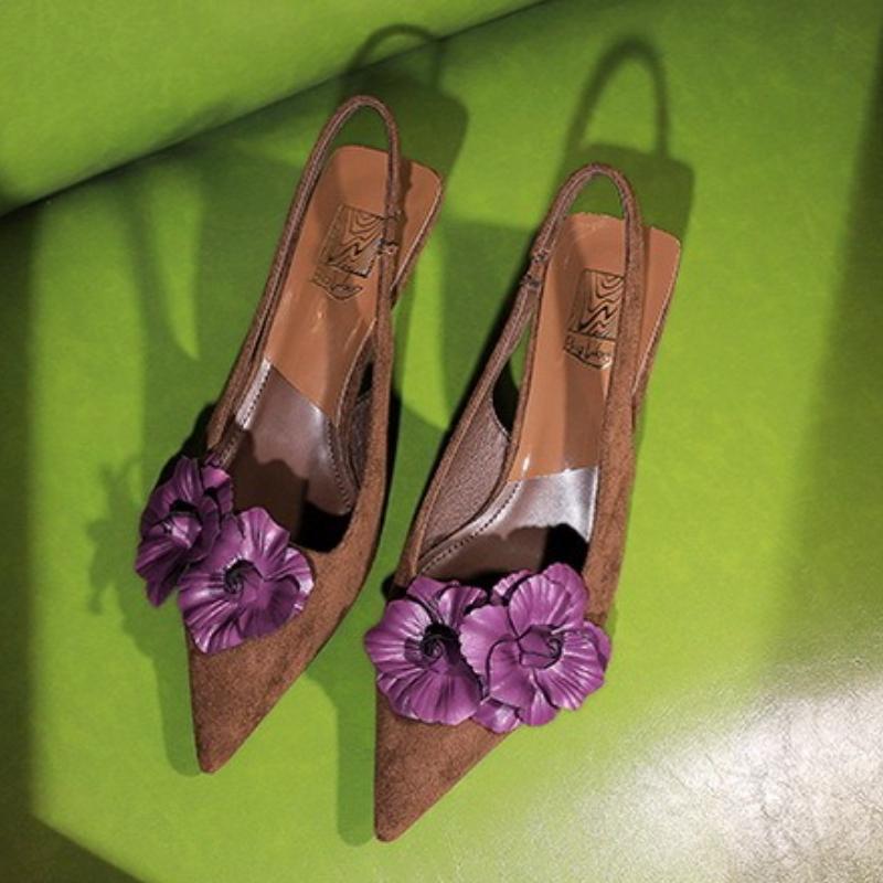 Fashion Flower Suede Pointed Toe Pumps Sandals for Women Retro Elegant High Heels Woman Fashion Designer Slingback Dress Shoes Ladies