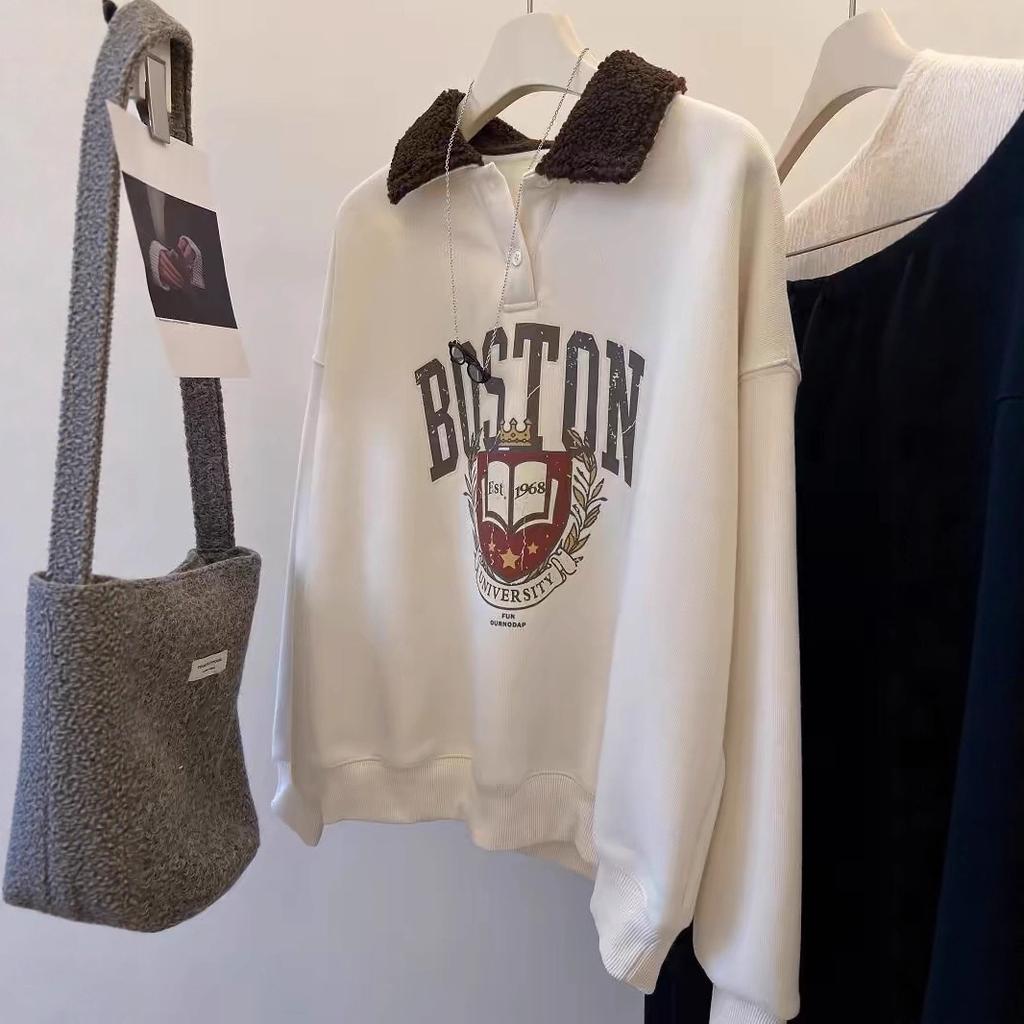 Extra-large Lapel Pullover Hoodless Fleece Sweatshirt for Women In Autumn and Winter with A Loose School Style