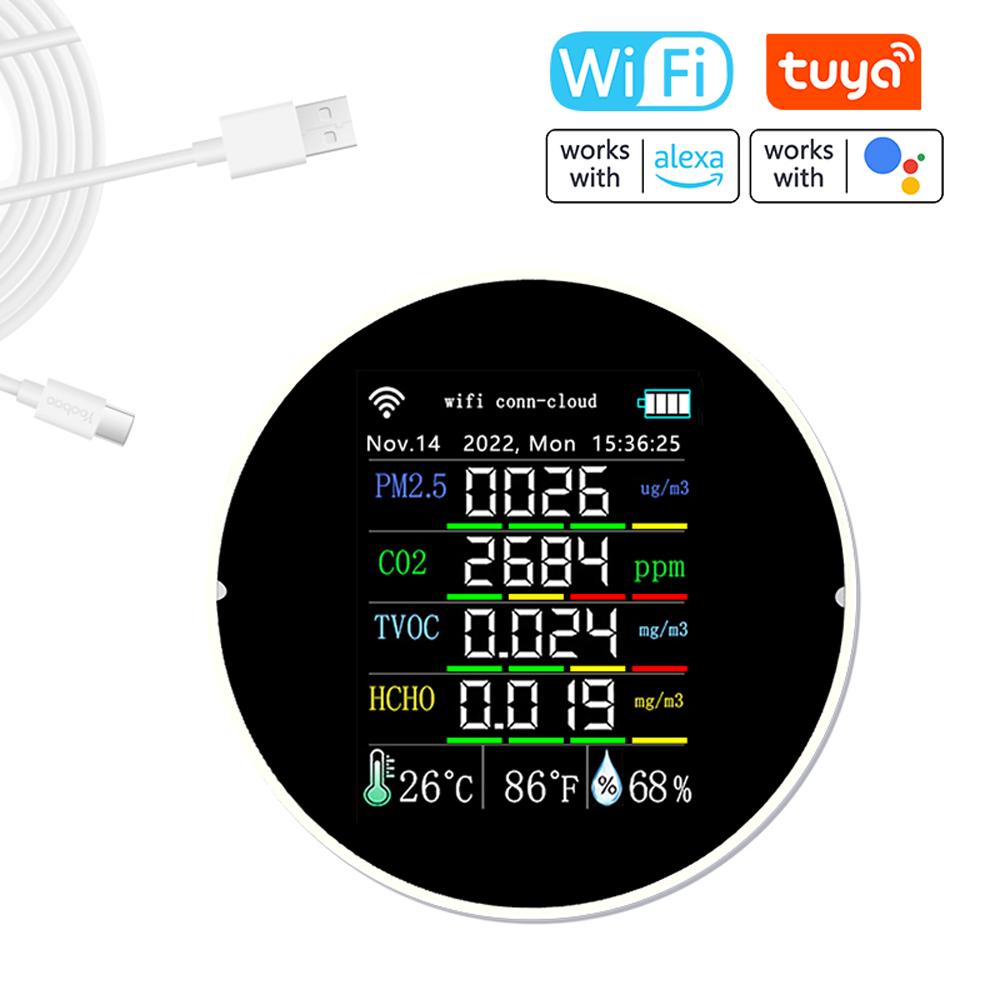 Tuya Wifi Portable Air Quality Meter 7in1 PM2.5 CO2 TVOC HCHO AQI Temperature Humidity Tester Color