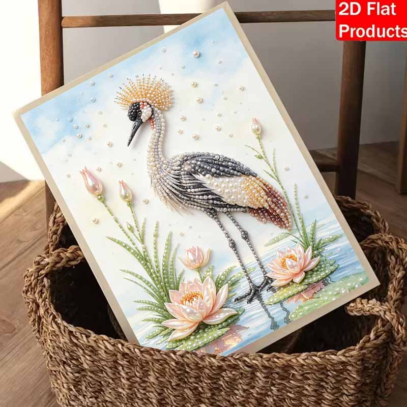 This pearl painting kit features 5D pearls and a graceful crane with lotus flowers mosaic art style. designed for home wall decoration.