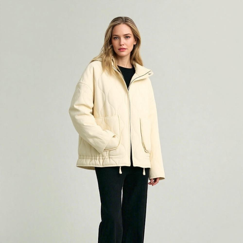 Chaqueta Acolchada Corta para Mujer con Cuello Alto, Manga Larga, Corte Holgado, Estilo Urbano, Cremallera Frontal, Ropa de Abrigo Informal