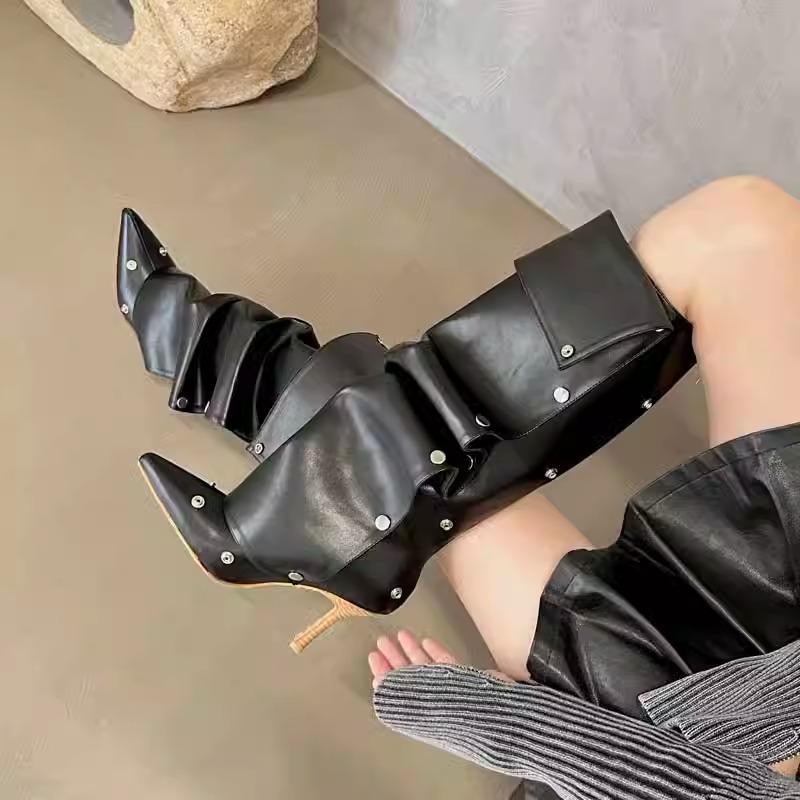 Fashion High Heel Long Boots for Women Botte Winter Boots Shoes Botas Mujer Thin Heeled Pointed Denim Metal Button Shoe Zapatos De Mujer