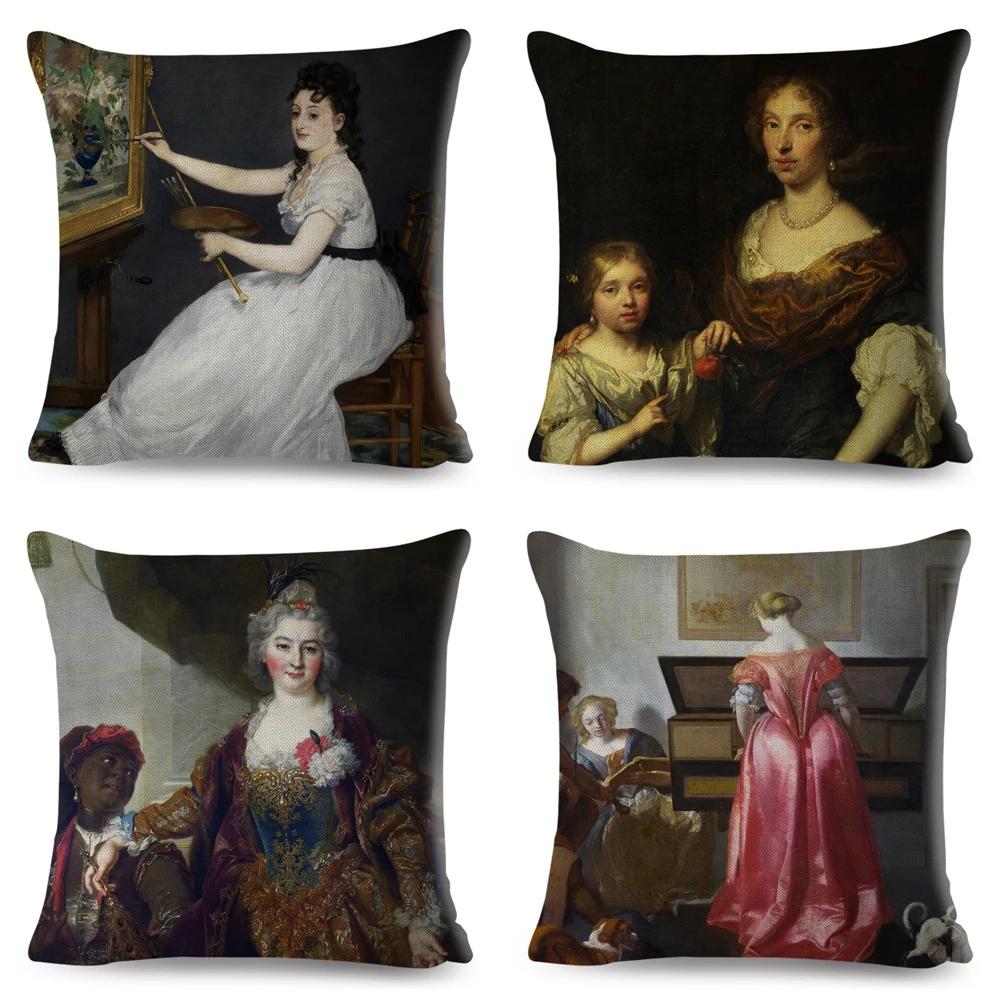 Vintage Style Woman Cushion Cover Decor Europe Lady Girl Print Pillowcase 45*45Cm Polyester Pillow Case For Sofa Home Car