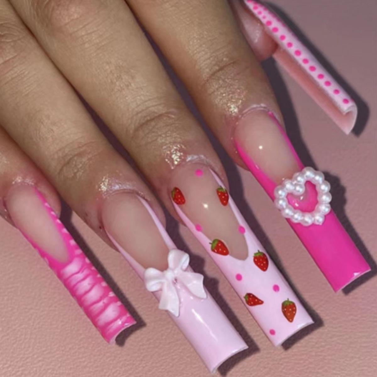 

24-Piece Elegant Pink Heart Bow French Press-On Nail Art Set