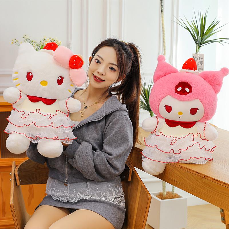 Kuromi Strawberry Cake Cat Doll with Birthday Hat Plush Toy