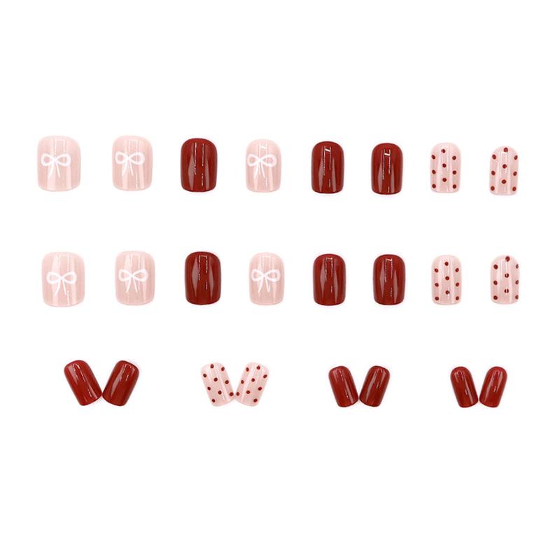24Pcs Red Polka Dot Nude Pink Bow Short Square False Nails With Jelly Adhesive Detachable Full Cover Press On Artificial Nails