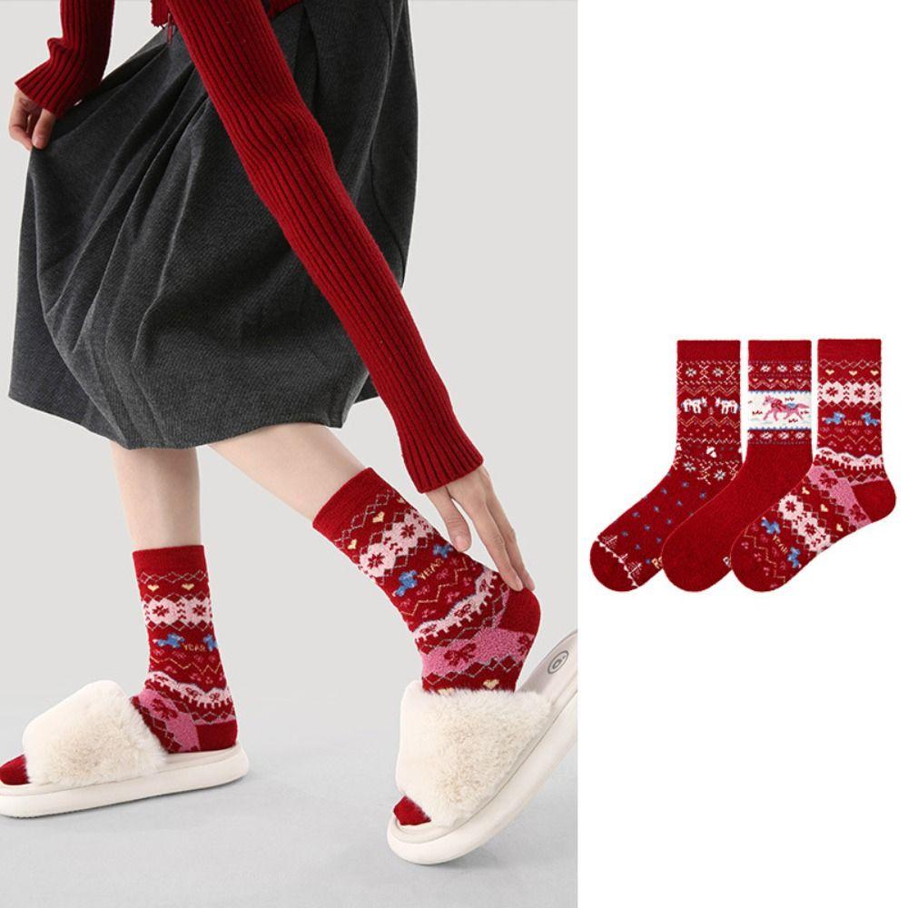 3 Pair Cotton Snow Boot Socks Knitted Middle Tube Socks Female Elastic Striped Socks New Year Gift