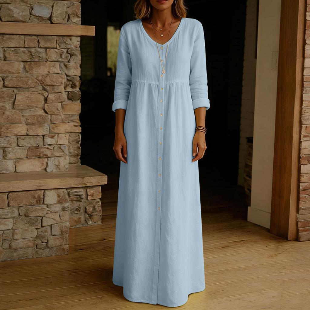 Women's Fashionable Casual Cotton-Linen Long-Sleeve Button-Down Dress