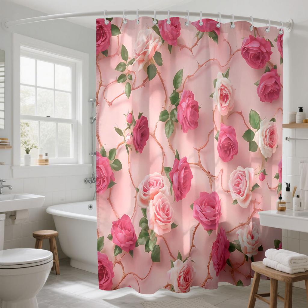 1pc Pink Rose Printed Waterproof Shower Curtain Partition Privacy Hanging Curtain with 12 Hooks Available in Multiple Sizes