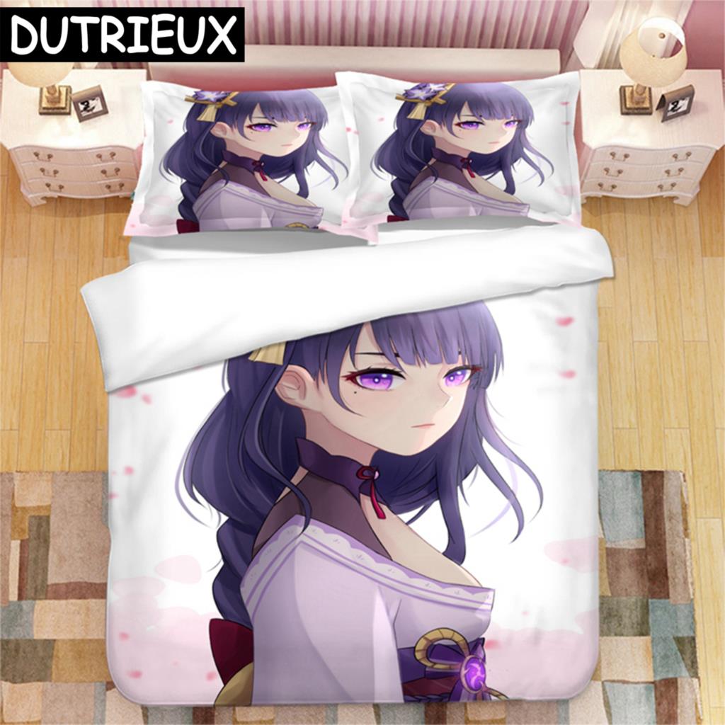 Genshin Impact Raiden Shogun 3D Printed Bedding Set Duvet Covers Pillowcases Comforter Bedding Set Bedclothes Duvet Cover
