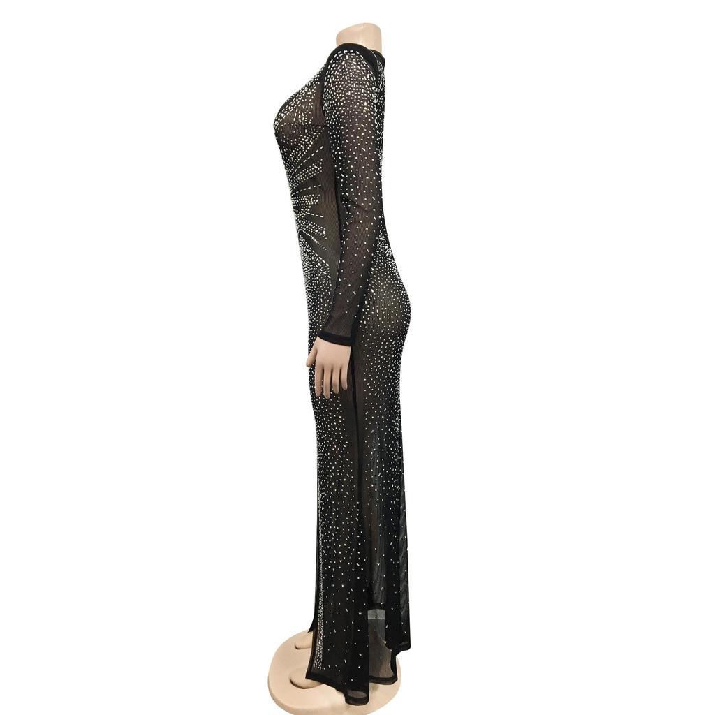 European & American Fashion Women's See-through Mesh Long Sleeve Slit Dress with Hot Drilling Details.
