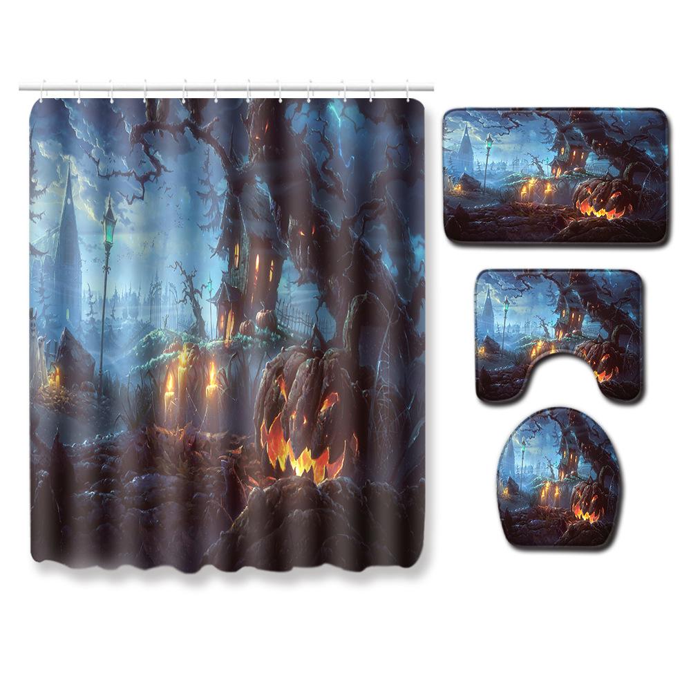 Halloween Shower Curtain Floor Mat Combination Four-Piece Set Bathroom Toilet Carpet Shower Room Foot Mat