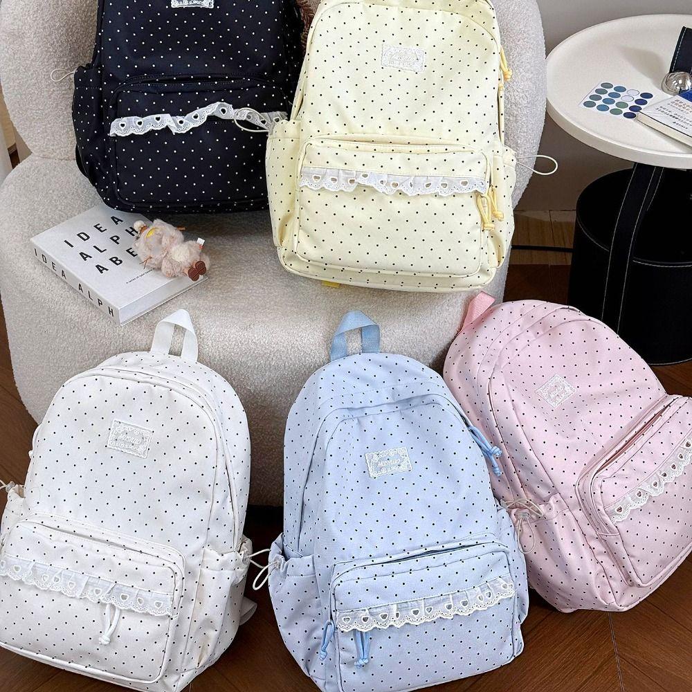 Sweet Lace Trim Rucksack Large Capacity Student School Bag Y2k Polka Dot Backpack  Outdoor Use