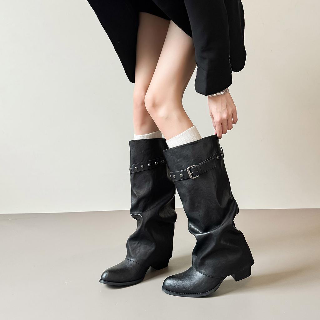 Pointed boots women's versatile black rivets pleated pile belt buckle large tube circumference trouser tube niche high tube knight boots