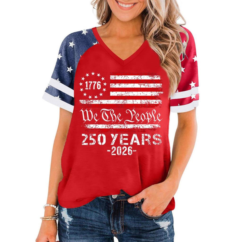 Women's Casual V Neck Short Sleeve Pullover T Shirt Independence Day Graphic Top 250 Years Commemorative Design Lightweight Comfortable Fit