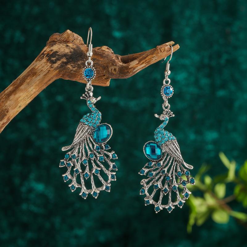 Blue Drop Oil Rhinestone Peacock Earrings for Women Ethnic Vintage Long Silver Color Geometric Animal Earrings Boho Jewelry Gift
