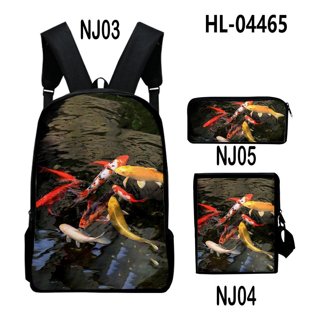 Classic Novelty Cool Koi Carp 3D Print 3pcs/Set Pupil School Bags Laptop Daypack Backpack Inclined Shoulder Bag Pencil Case