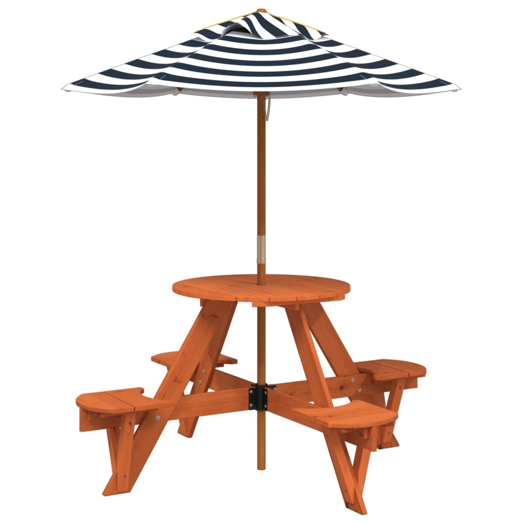 4 Child Picnic Table with Sun Umbrella Round Pine Wood